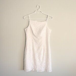 Vntg Mirrors Women's Sz Lrg White Square Neck Bridal‎ Lined Midi Lace Dress